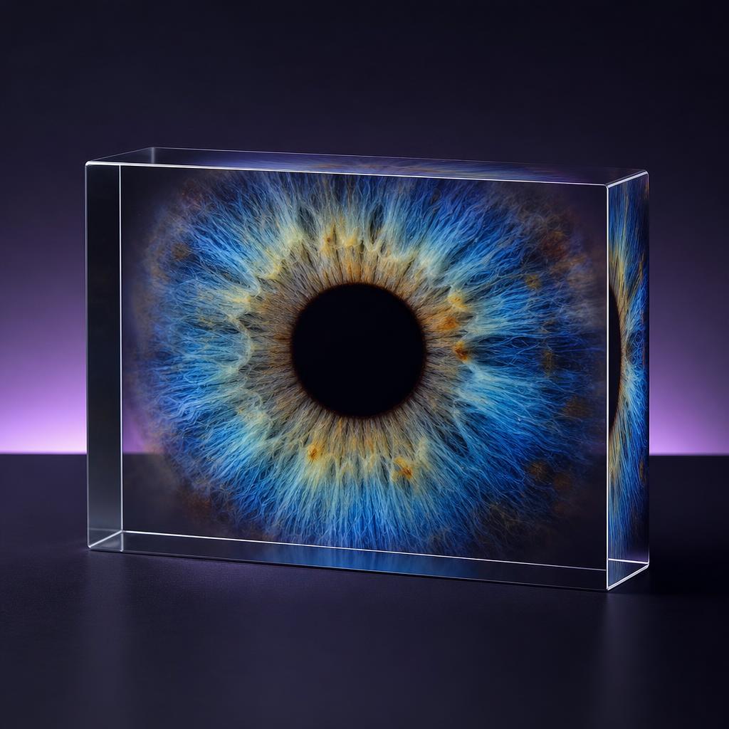 Iris humano impreso en bloque de acrílico cristal con tecnología UV