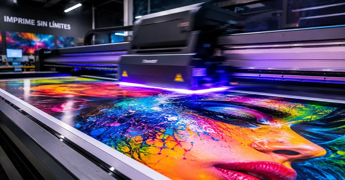 Impresora UV imprimiendo arte a todo color sobre material rígido con luz UV de curado